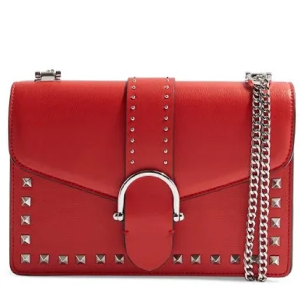 Red Faux Leather Studded Chain Shoulder Bag
